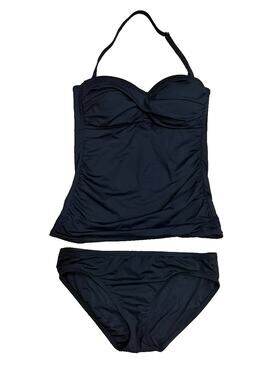 Anne Cole Size S Solid Twist Front Shirred Bandeau Tankini Swim Set Halter Black
